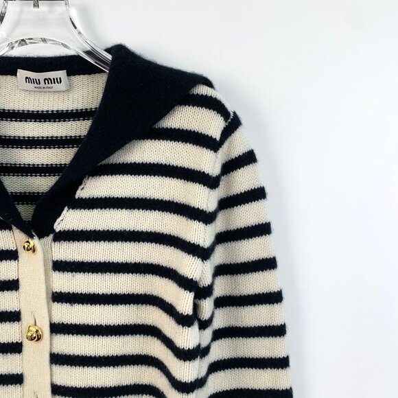 Miu Miu 2022 Stripe Single-Breasted Button Navy Collar Long Sleeve Knit Card - Picture 3 of 8